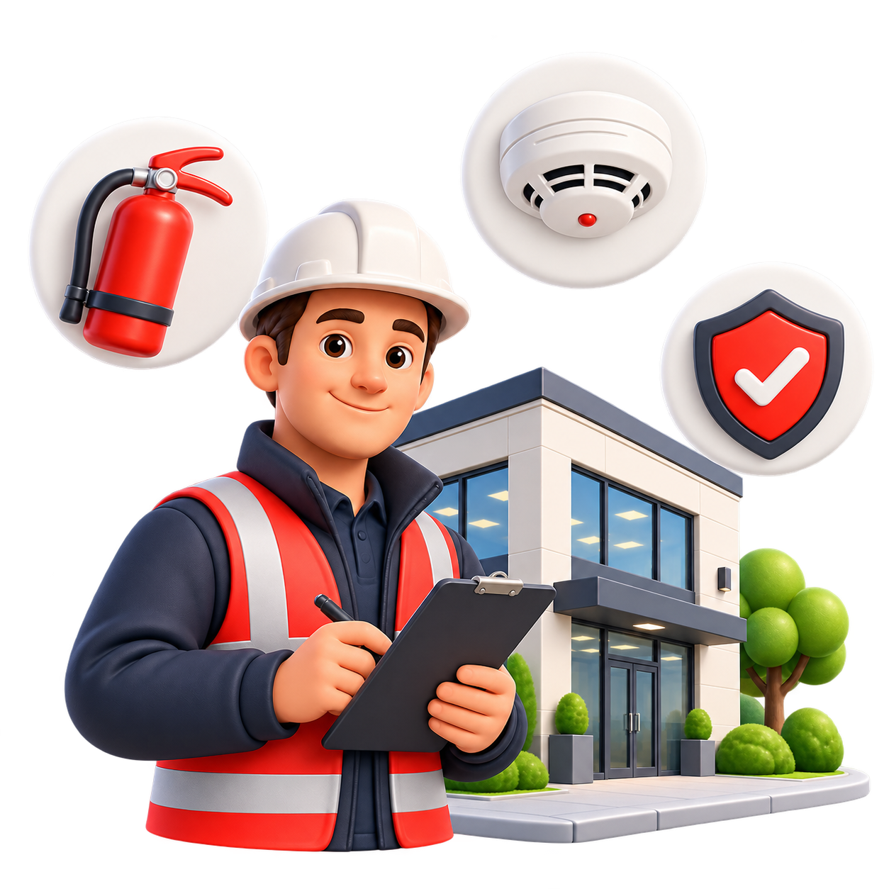 Fire safety professional inspecting a building with fire protection equipment
