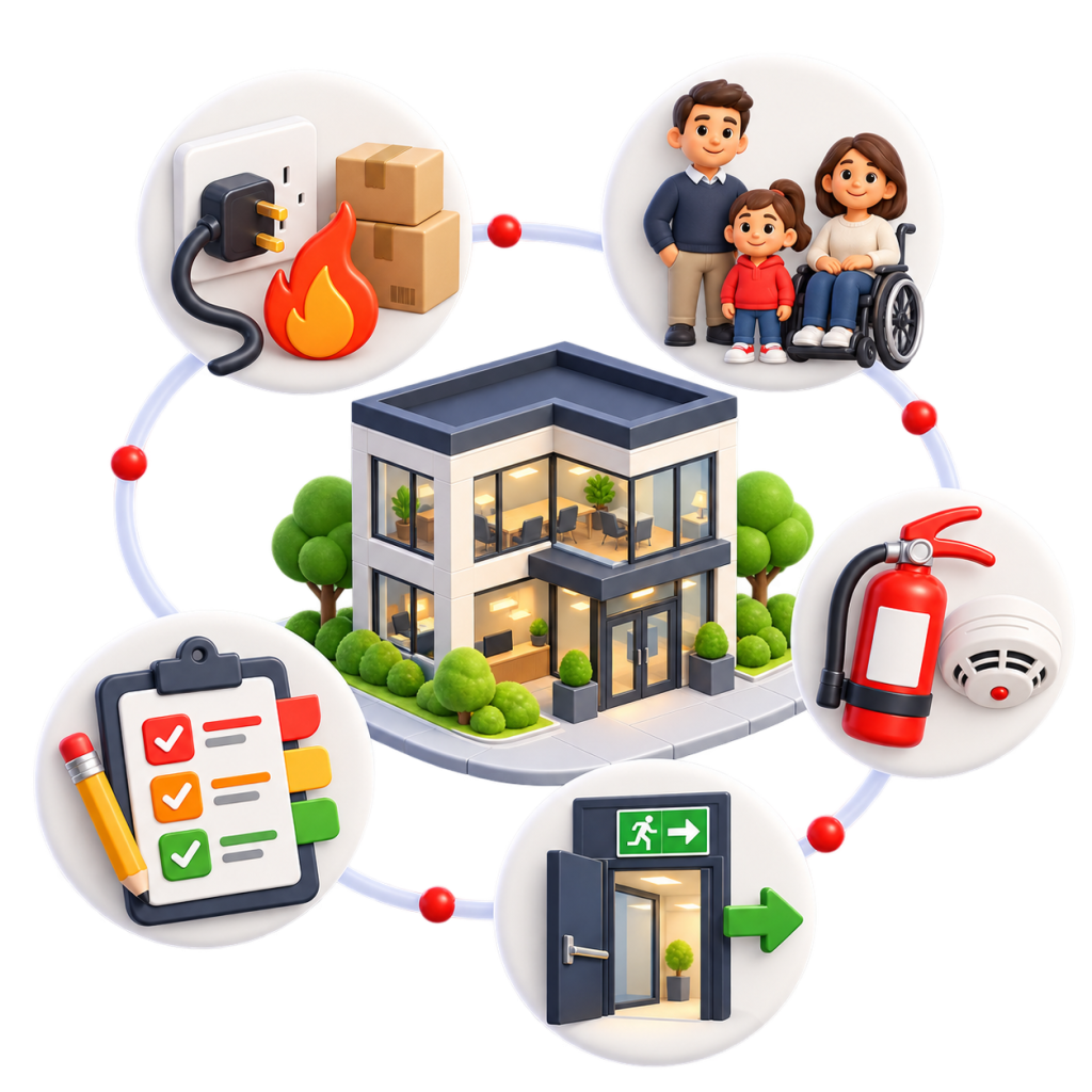 Building fire safety measures including detection, escape routes and firefighting equipment