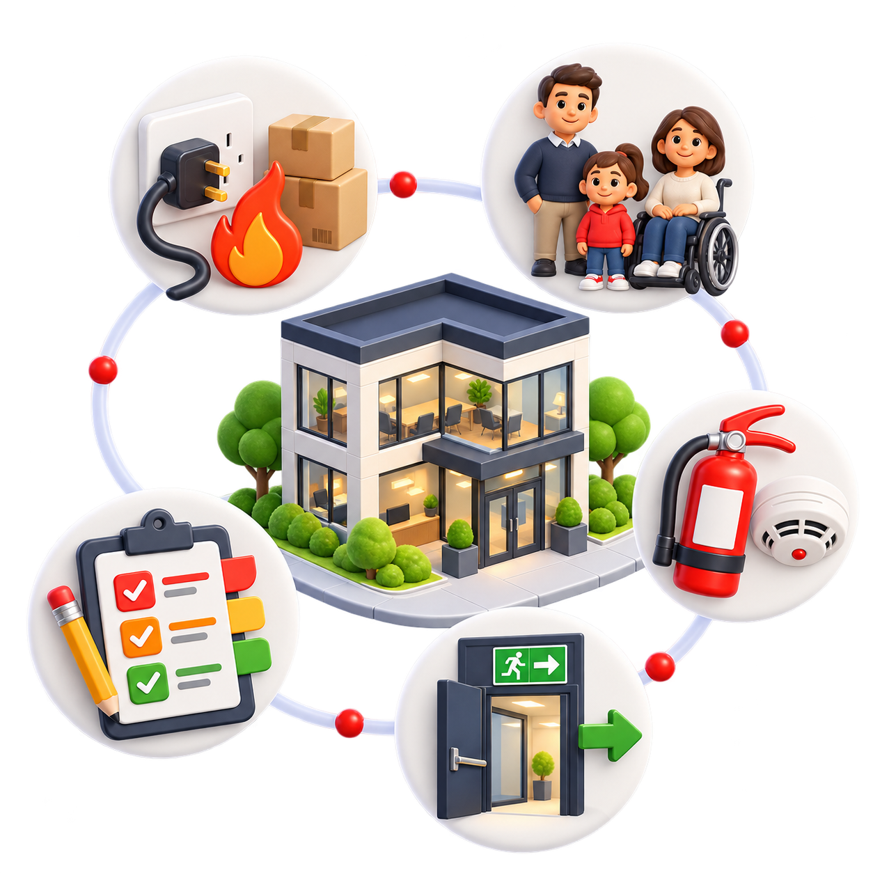 Building fire safety measures including detection, escape routes and firefighting equipment