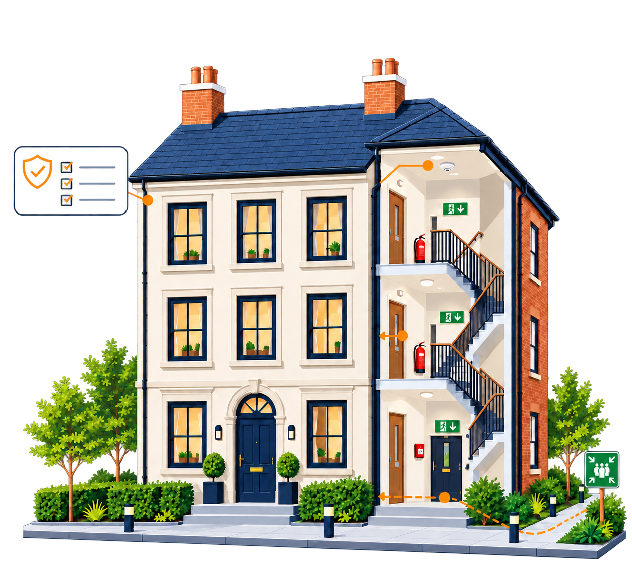Illustration of a residential building showing internal rooms and escape routes
